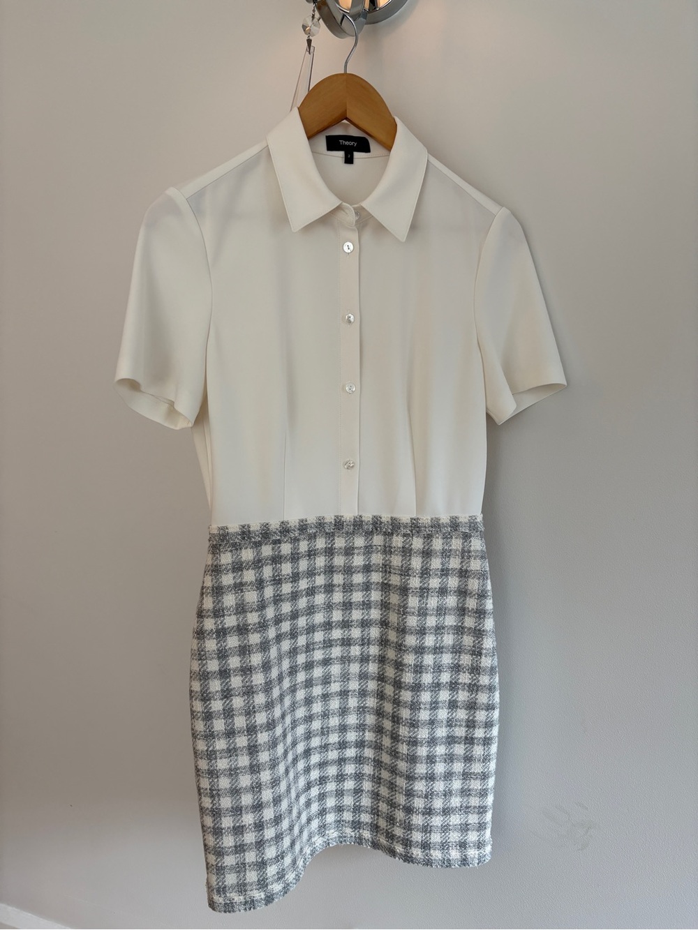 THEORY Ivory Shirt-Top Dress with Gray Gingham Skirt